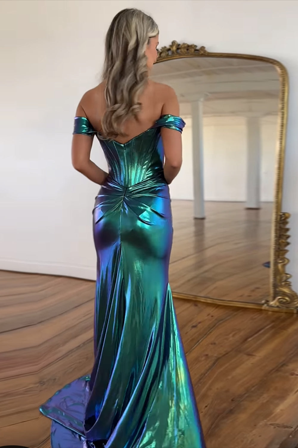 Metallic Long Mermaid Prom Dress in Hot Pink with Off-Shoulder Design