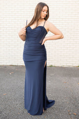 Long Navy Mermaid Prom Dress with Spaghetti Straps Ruched and Beaded