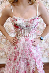 Long Corset Prom Dress in Pink with Floral Spaghetti Straps A-Line Tiered Design and Slit