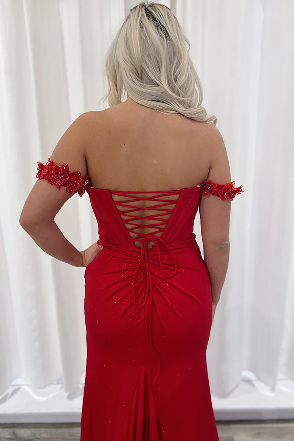 Red Glitter Mermaid Corset Prom Dress with Beaded Off-Shoulder Neckline and Slit