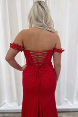 Red Glitter Mermaid Corset Prom Dress with Beaded Off-Shoulder Neckline and Slit
