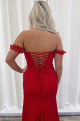 Red Glitter Mermaid Corset Prom Dress with Beaded Off-Shoulder Neckline and Slit