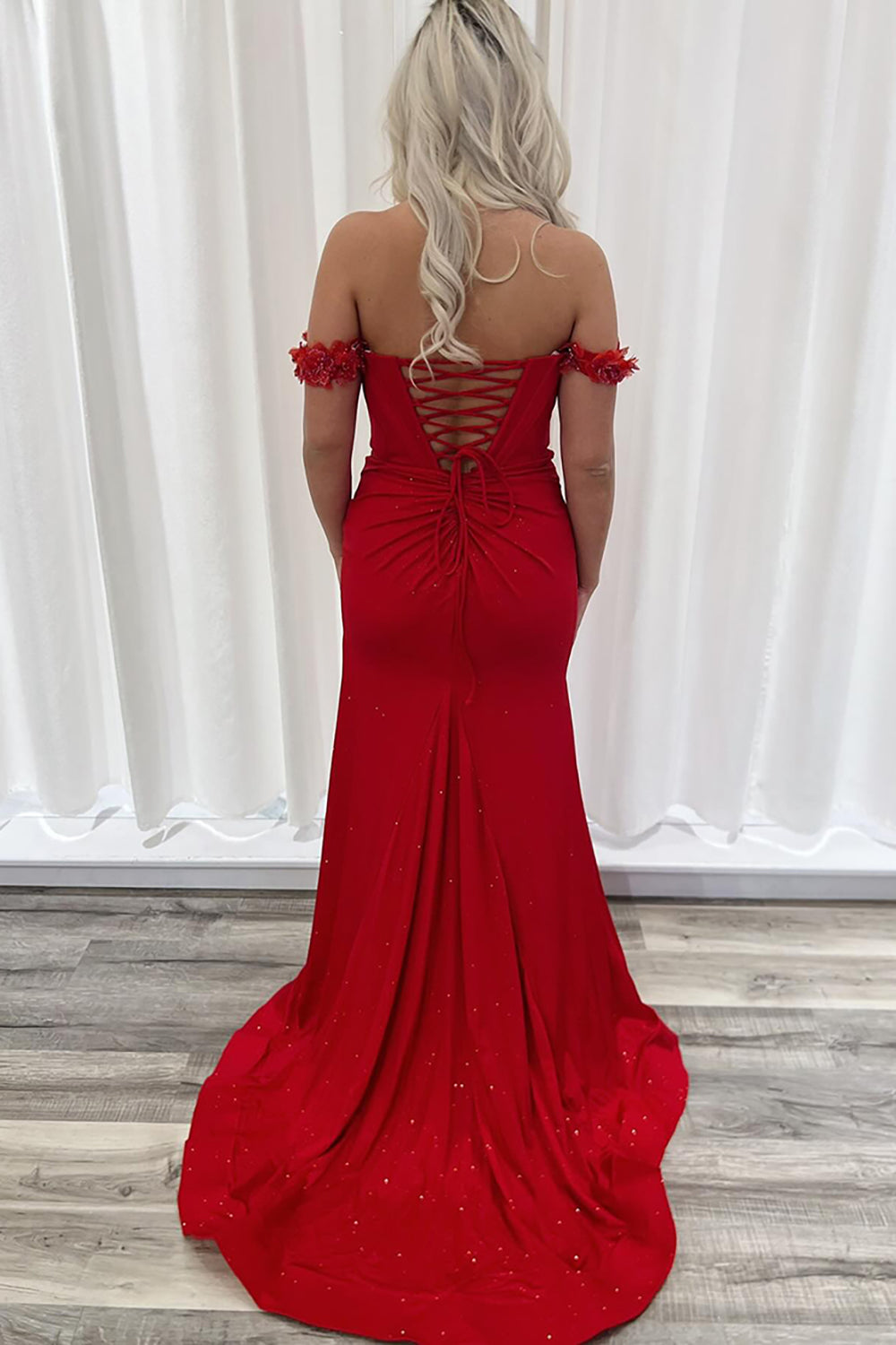 Red Glitter Mermaid Corset Prom Dress with Beaded Off-Shoulder Neckline and Slit
