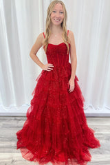 Long Corset Prom Dress with Sparkly Red Ruffled Sequin Tulle and Spaghetti Straps