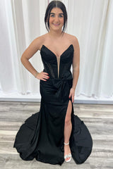 Long Satin Black Sweetheart Mermaid Prom Dress with Slit Corset