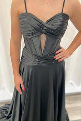 Satin A-Line Corset Prom Dress with Black Spaghetti Straps and Ruched Long Design