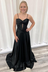 Satin A-Line Corset Prom Dress with Black Spaghetti Straps and Ruched Long Design