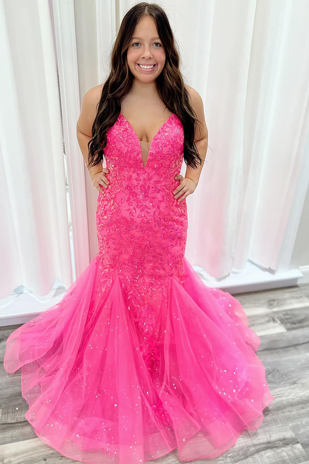 Long Mermaid Prom Dress in Sparkly Fuchsia with Sequin Tulle and Spaghetti Straps Appliques