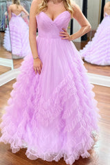 Long Prom Dress with Ruffled Tulle in Sweetheart Lilac