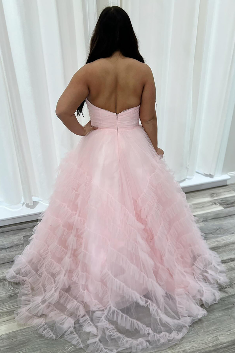 Long Prom Dress with Ruffled Tulle in Sweetheart Lilac