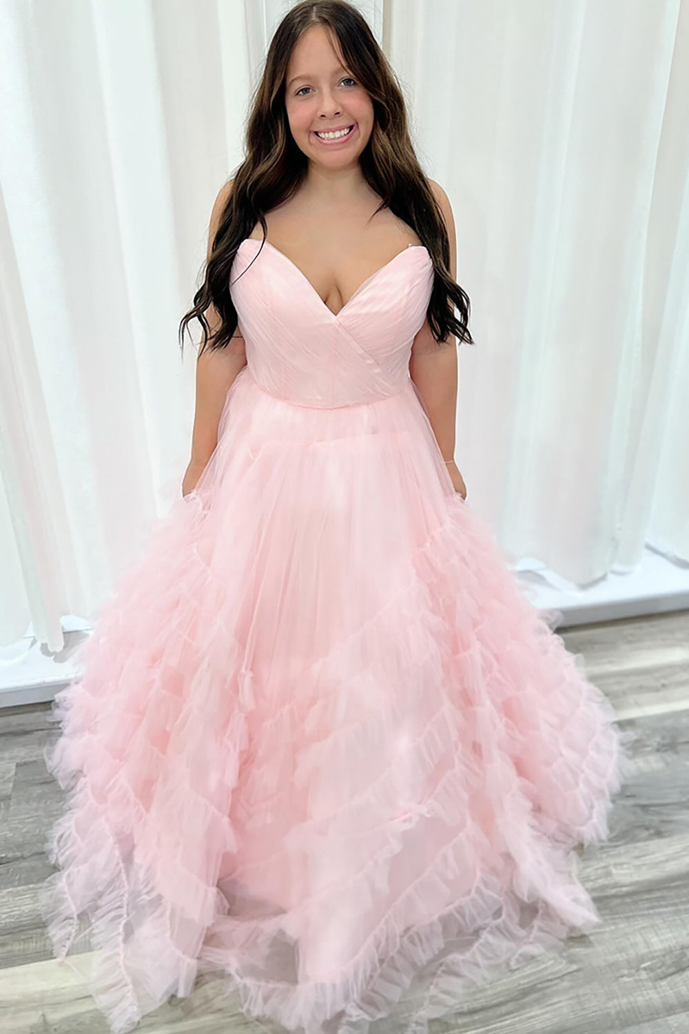 Long Prom Dress with Ruffled Tulle in Sweetheart Lilac