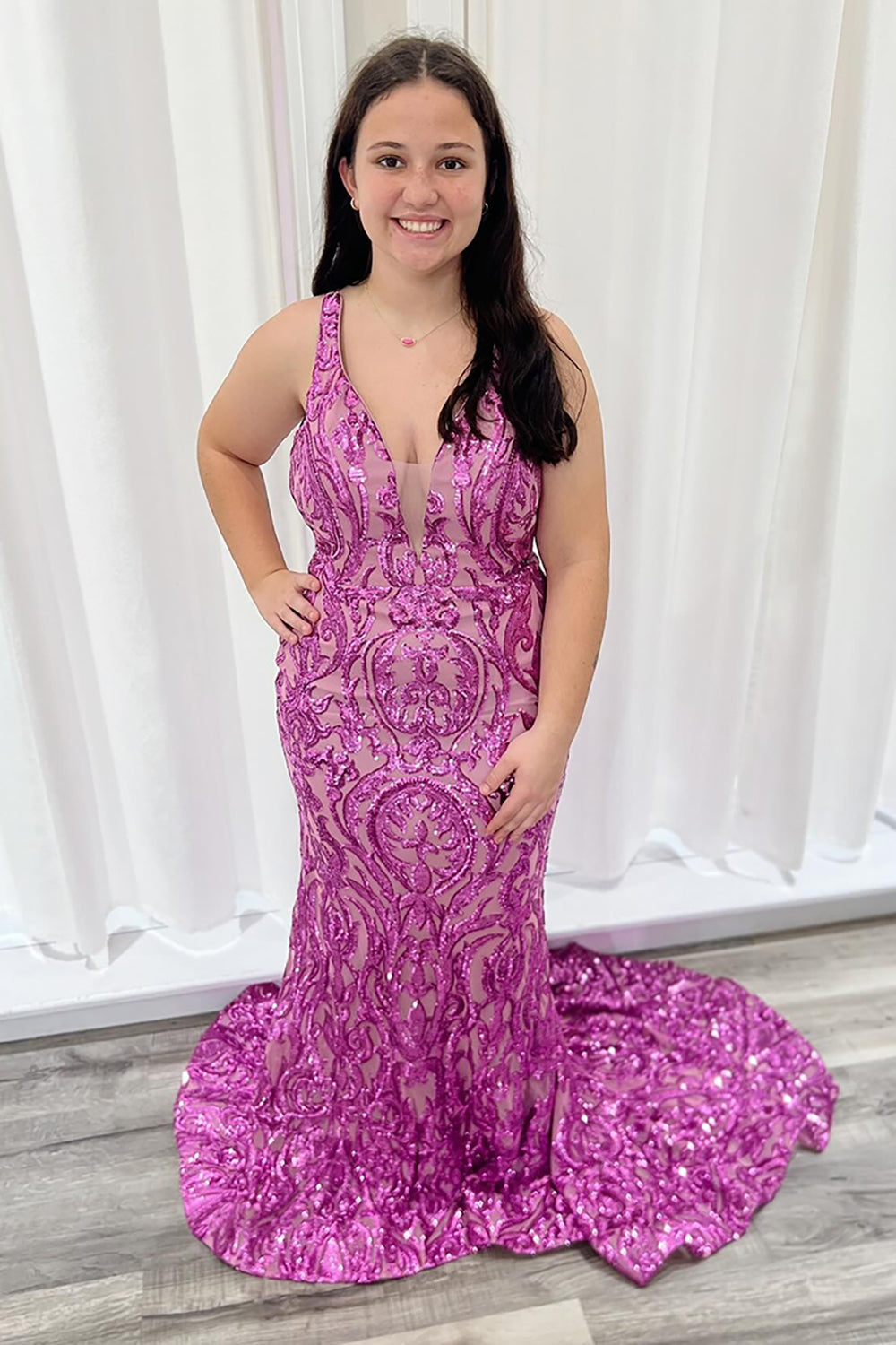 Long Mermaid Prom Dress with Sparkly Hot Pink Sequin Spaghetti Straps