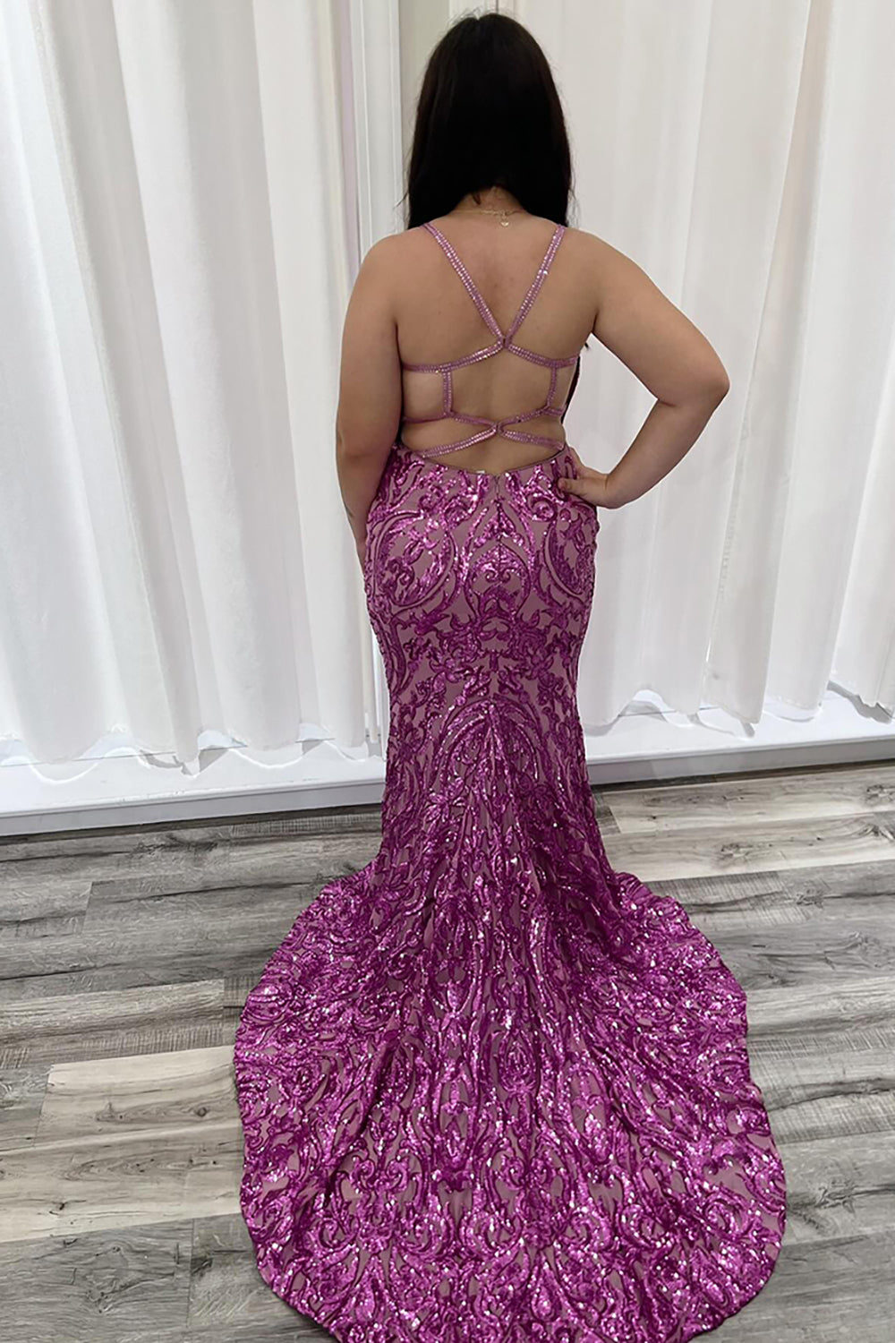 Long Mermaid Prom Dress with Sparkly Hot Pink Sequin Spaghetti Straps