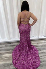 Long Mermaid Prom Dress with Sparkly Hot Pink Sequin Spaghetti Straps