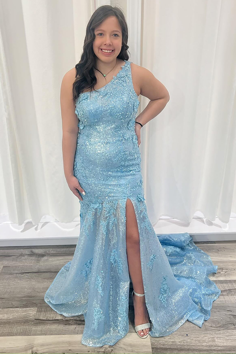 Long Blue Mermaid Prom Dress with Sparkly One-Shoulder Sequin Applique and Slit
