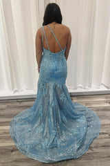 Long Blue Mermaid Prom Dress with Sparkly One-Shoulder Sequin Applique and Slit
