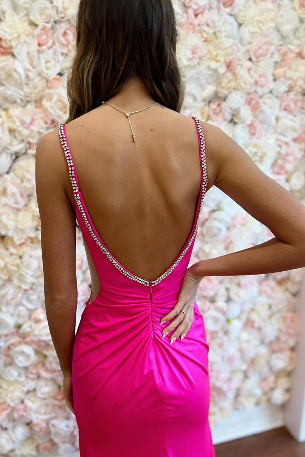 Long Mermaid Prom Dress in Fuchsia Satin with Spaghetti Straps and Open Back