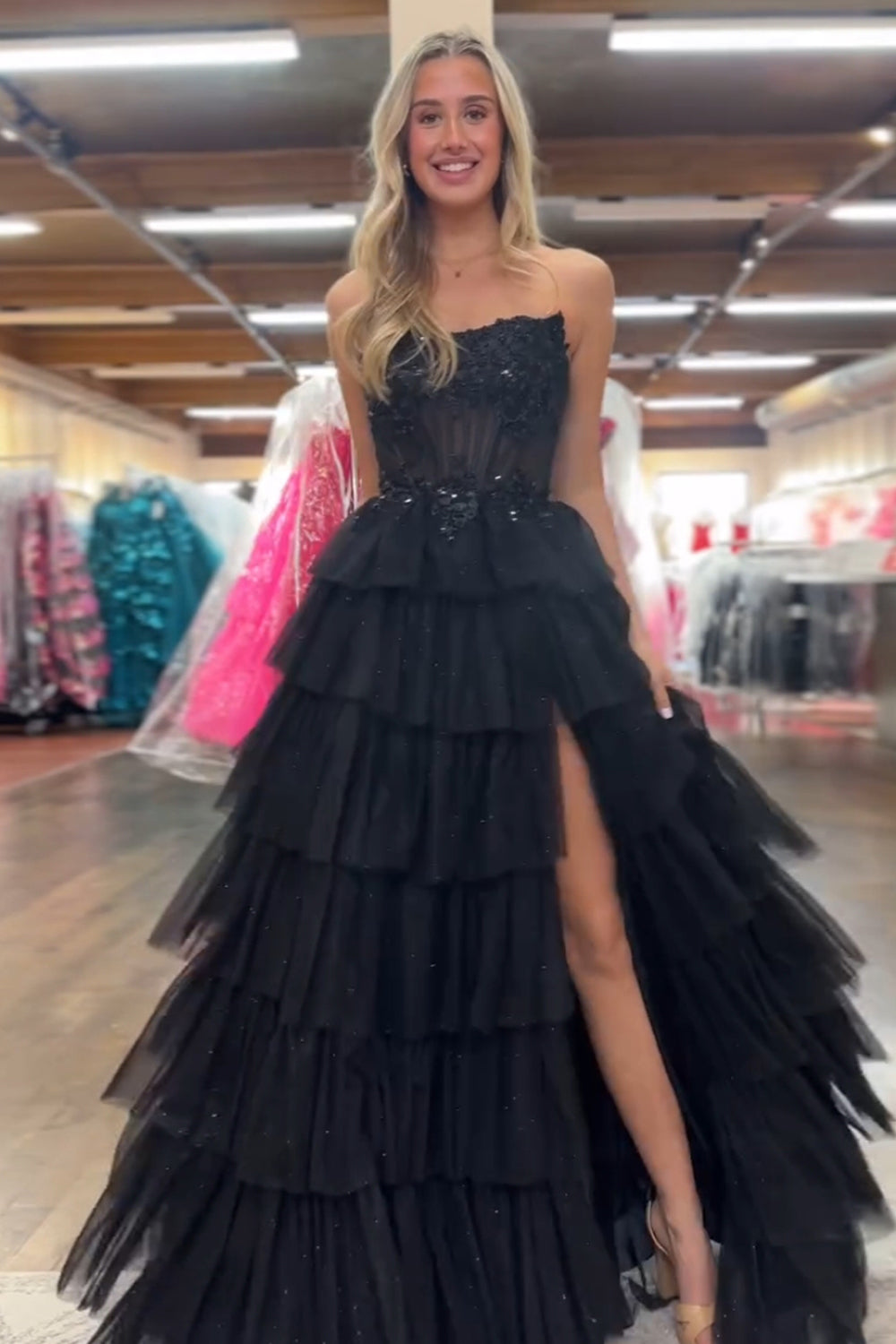 Long Corset Prom Dress in Fuchsia with Sweetheart Princess Tulle Ruffles and Appliques