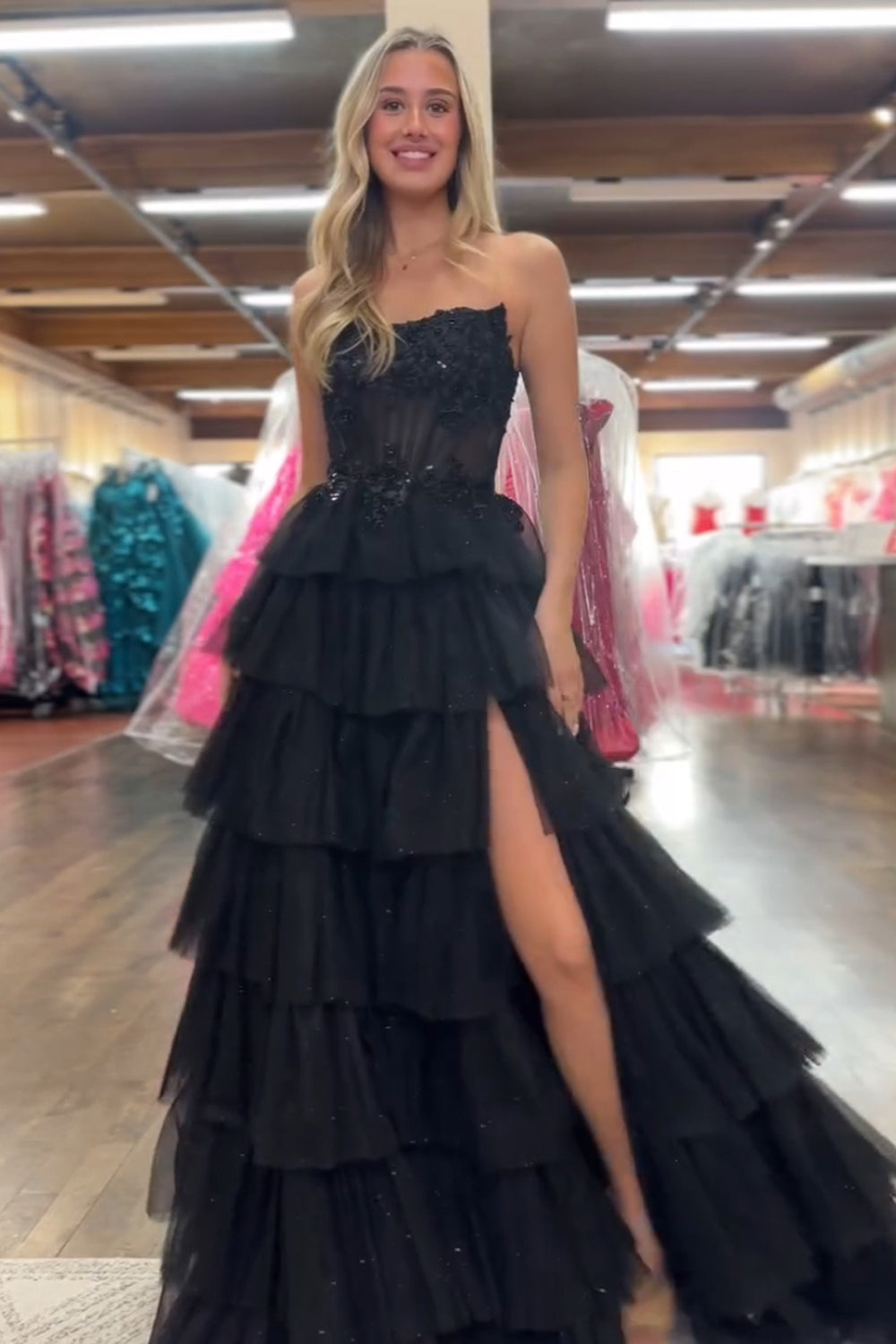 Long Corset Prom Dress in Fuchsia with Sweetheart Princess Tulle Ruffles and Appliques