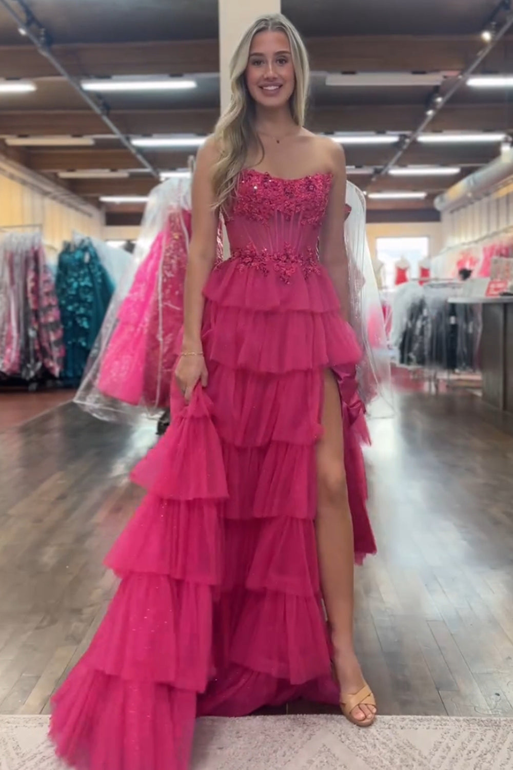 Long Corset Prom Dress in Fuchsia with Sweetheart Princess Tulle Ruffles and Appliques