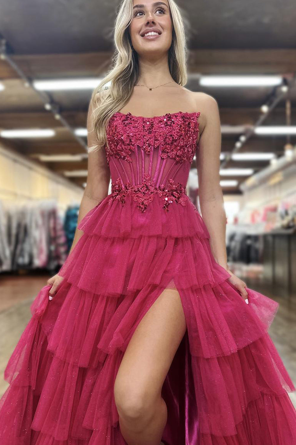 Long Corset Prom Dress in Fuchsia with Sweetheart Princess Tulle Ruffles and Appliques