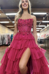 Long Corset Prom Dress in Fuchsia with Sweetheart Princess Tulle Ruffles and Appliques