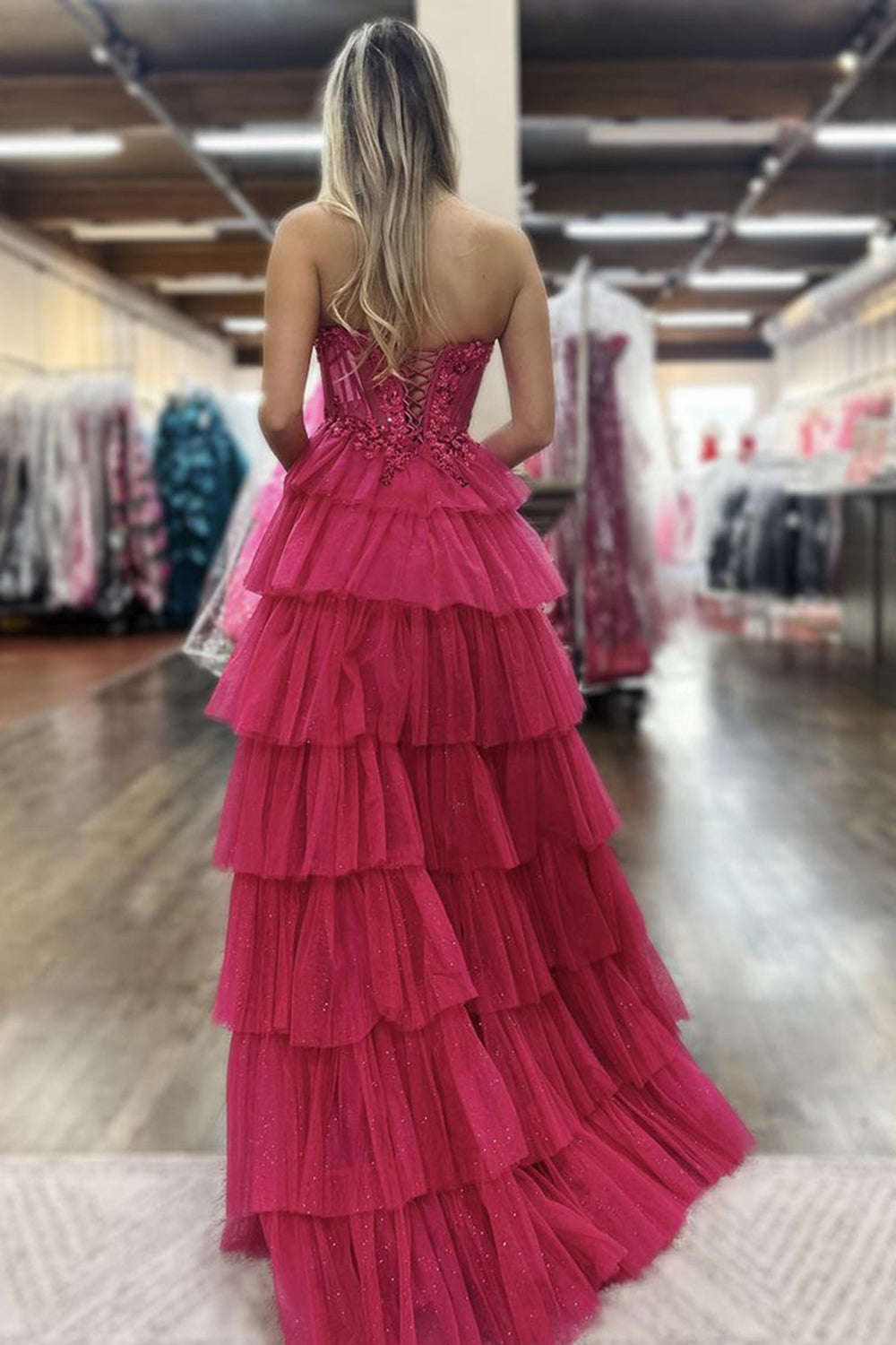 Long Corset Prom Dress in Fuchsia with Sweetheart Princess Tulle Ruffles and Appliques
