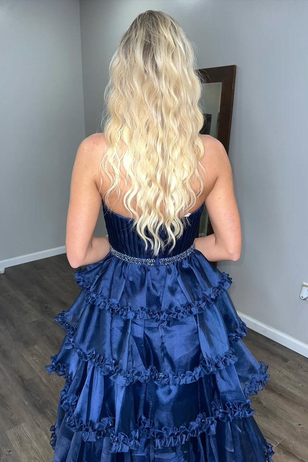 Princess Long Prom Dress in Navy Satin with Sweetheart Neckline and Ruffled Slit