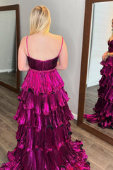 Metallic Princess Long Prom Dress with Dark Fuchsia Spaghetti Straps and Pleated Ruffles
