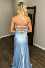 Long Satin Mermaid Prom Dress in Blue Strapless and Backless