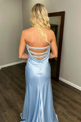 Long Satin Mermaid Prom Dress in Blue Strapless and Backless