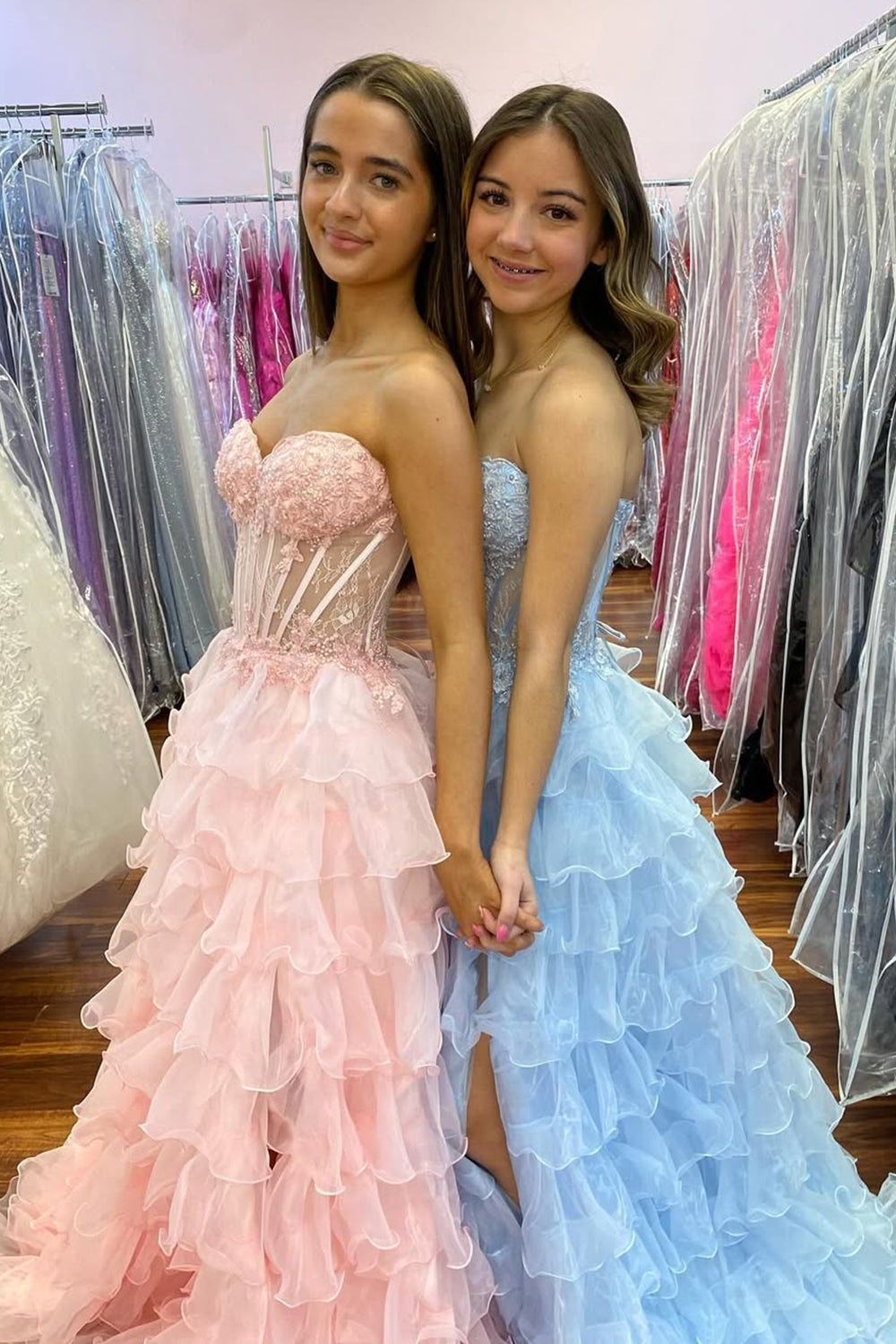Sweetheart Princess Corset Prom Dress in Blush with Ruffled Organza and Appliques