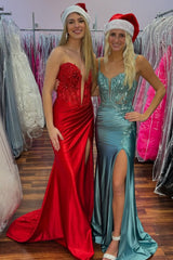 Elegant Red Sweetheart Mermaid Satin Corset Prom Gown with Appliques