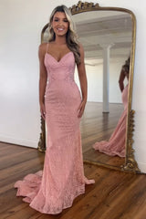 Long Open Back Prom Dress with Blush Mermaid Lace and Spaghetti Straps