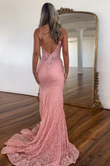 Long Open Back Prom Dress with Blush Mermaid Lace and Spaghetti Straps
