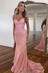 Long Open Back Prom Dress with Blush Mermaid Lace and Spaghetti Straps