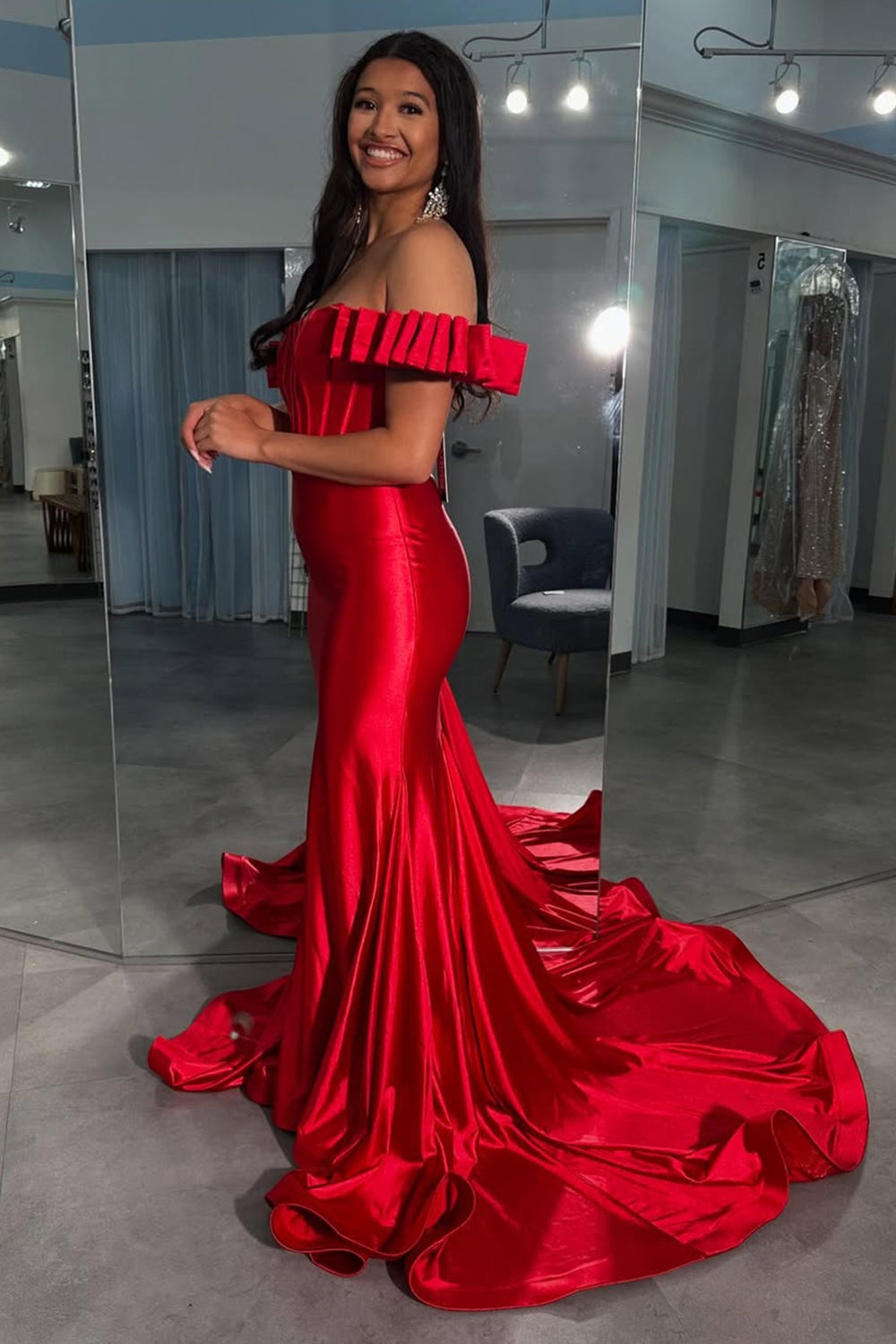 Long Sleeve Red Satin Mermaid Corset Prom Dress Strapless