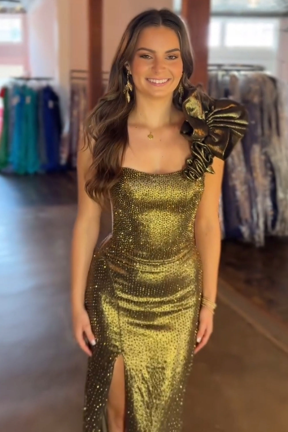 Long Beaded Mermaid Prom Dress in Golden with One Shoulder and Slit