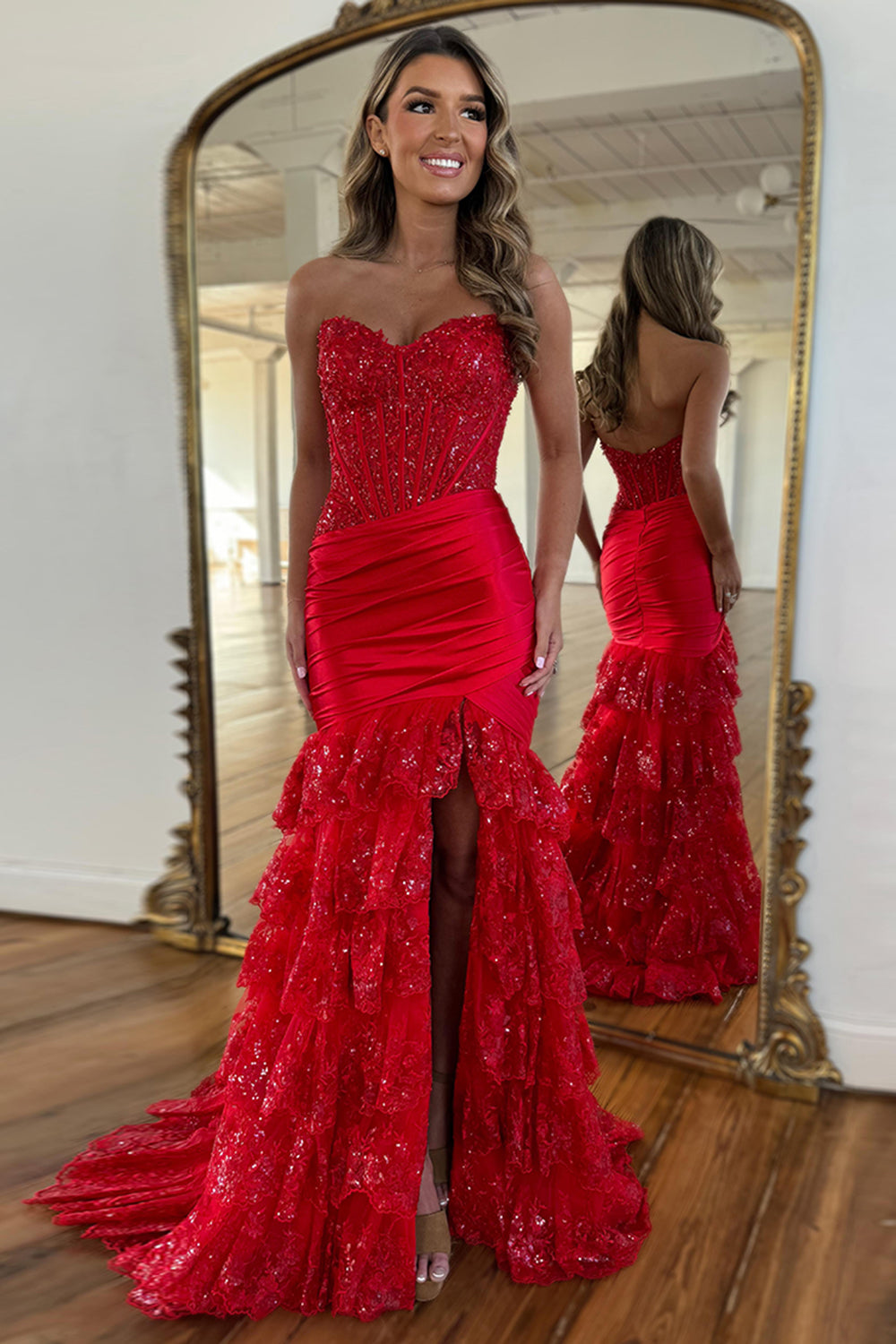 Long Red Prom Dress with Mermaid Silhouette Tulle Ruffles and Lace Appliques