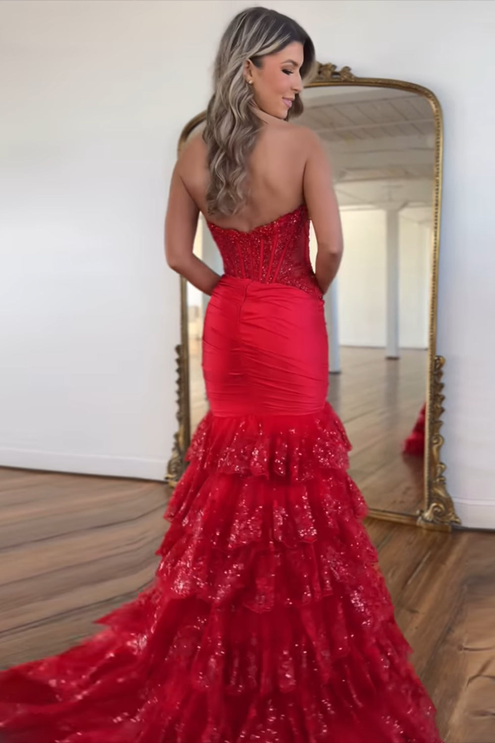 Long Red Mermaid Prom Dress with Ruffled Tulle and Lace Appliques Corset