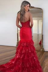 Long Red Mermaid Prom Dress with Ruffled Tulle and Lace Appliques Corset