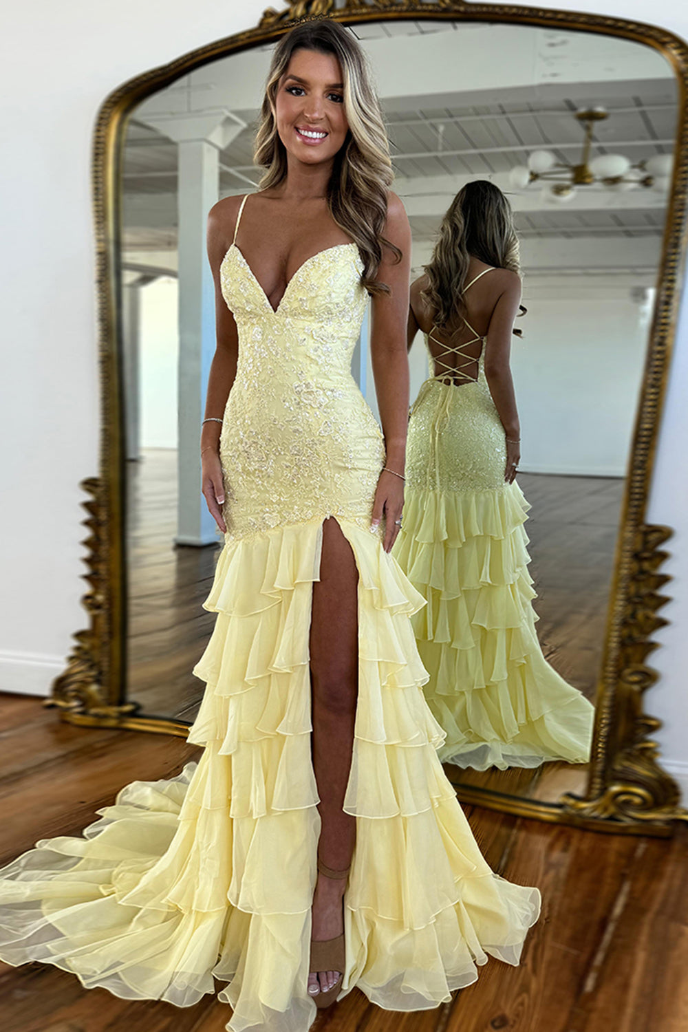 Long Chiffon Prom Dress with Sparkly Lilac Lace Appliques and Tiered Sheath Design Featuring a Slit