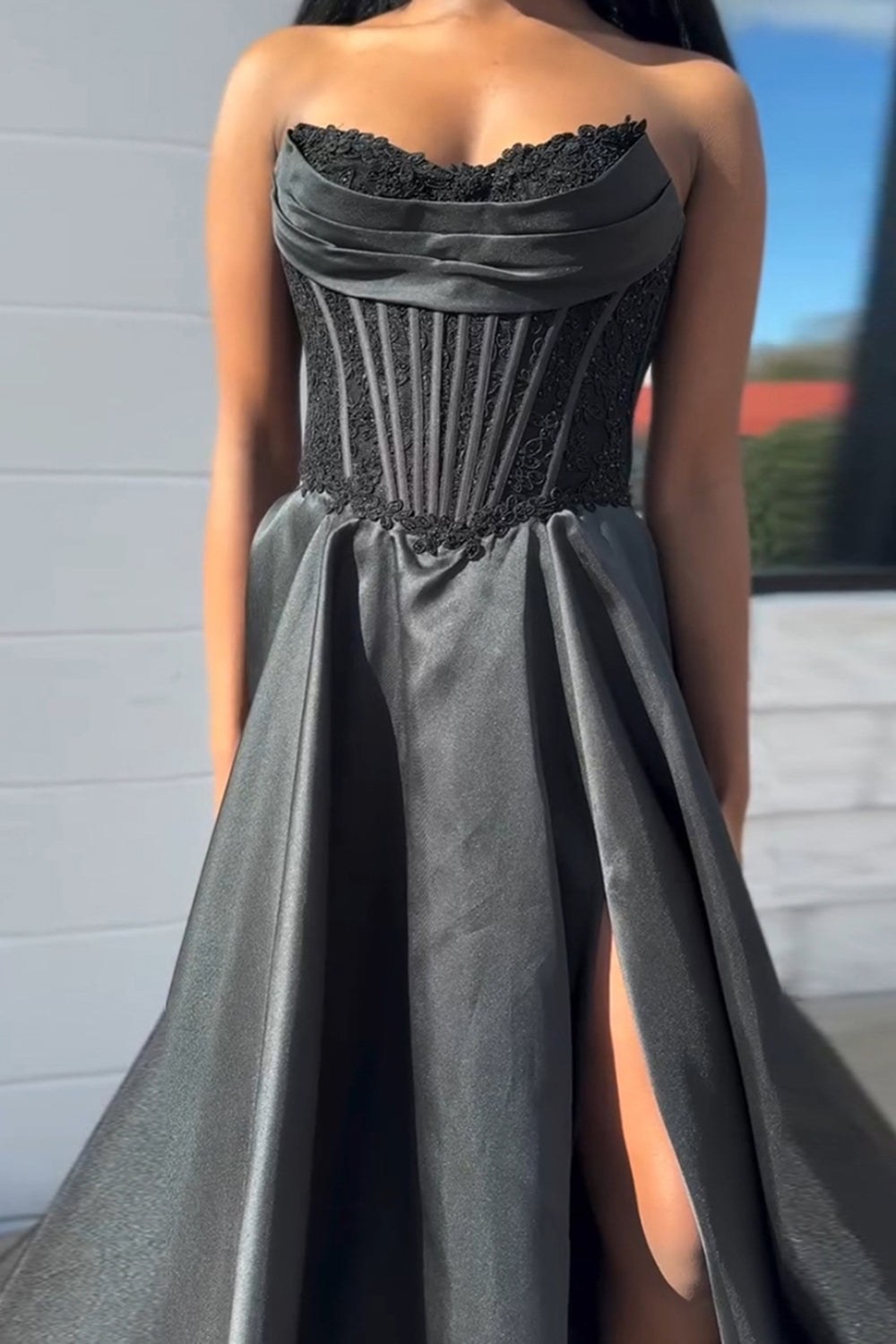 Long Black Satin Sweetheart Corset Prom Dress with Applique and Slit in A-Line