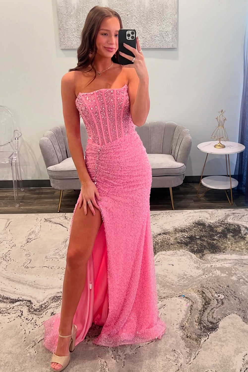 Long Pink Sparkly Strapless Mermaid Prom Dress with Beaded Sequin Details and Slit