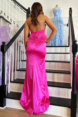 Long Mermaid Prom Dress in Fuchsia Satin with Halter Neck and Ruffled 2-Piece Design