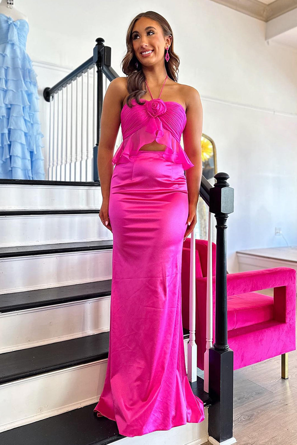 Long Mermaid Prom Dress in Fuchsia Satin with Halter Neck and Ruffled 2-Piece Design