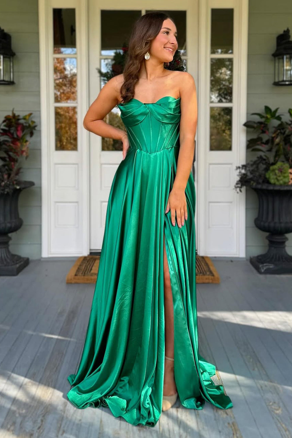 Sweetheart Dark Green Long Satin A-Line Corset Prom Dress with Ruched Detail and Slit