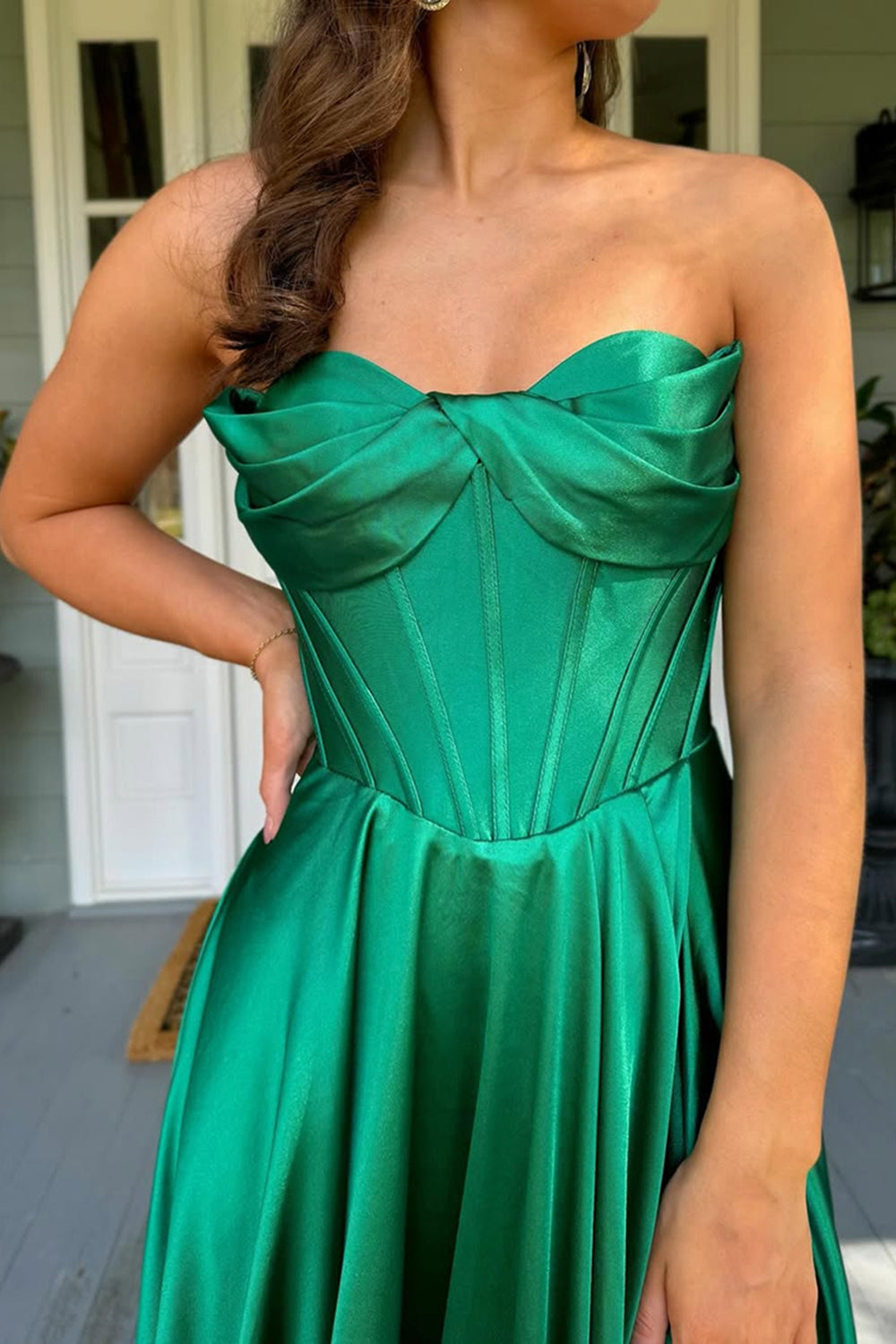 Sweetheart Dark Green Long Satin A-Line Corset Prom Dress with Ruched Detail and Slit
