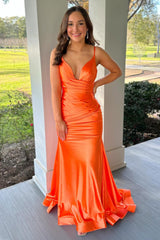 Deep V-Neck Mermaid Prom Dress with Orange Spaghetti Straps in Ruched Satin
