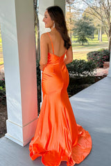 Deep V-Neck Mermaid Prom Dress with Orange Spaghetti Straps in Ruched Satin